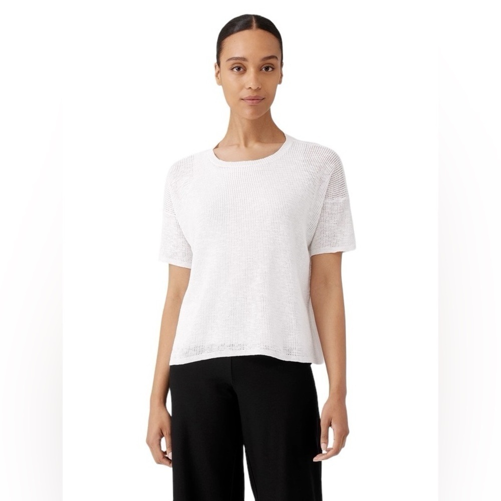 Eileen Fisher Organic Cotton Linen Slub Jewel Neck Top Size XL White